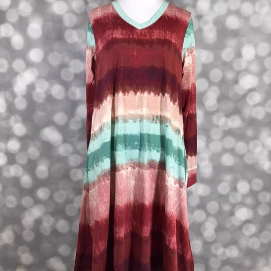 LuLaRoe Emily dress with watercolor-style horizontal stripes in burgundy, teal, and cream tones, featuring long sleeves