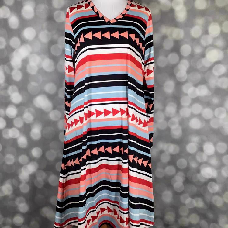 LuLaRoe Emily dress in coral, navy, and light blue horizontal stripes with arrow motifs, long sleeves and V-neckline