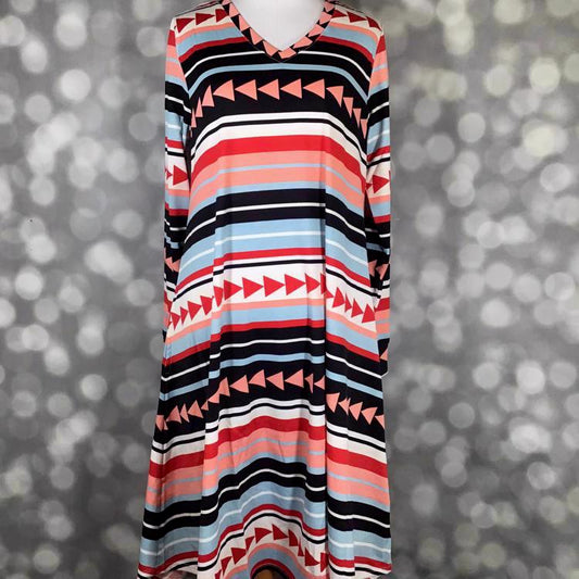 LuLaRoe Emily dress in coral, navy, and light blue horizontal stripes with arrow motifs, long sleeves and V-neckline