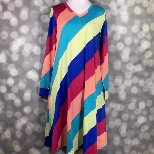 LuLaRoe Emily dress with wide diagonal rainbow stripes in vibrant tones of teal, coral, purple, and yellow