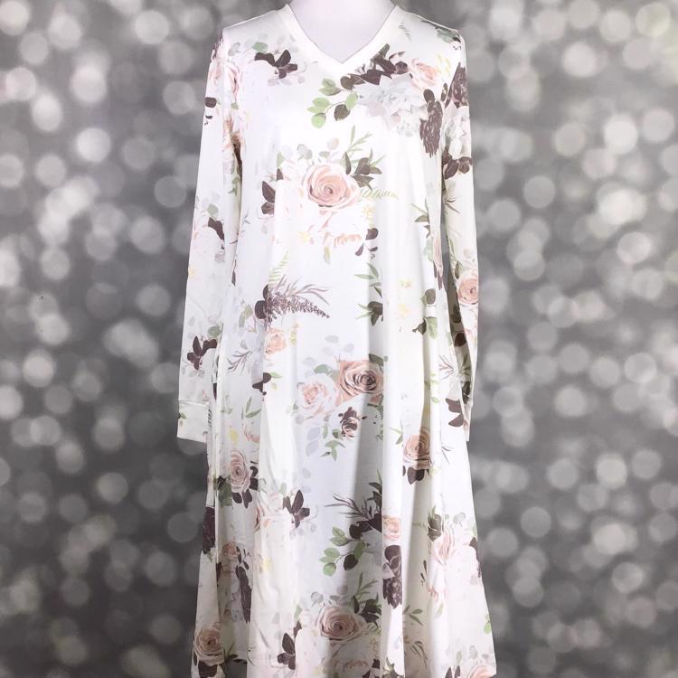LuLaRoe Emily dress in ivory with soft blush, taupe, and sage floral design, romantic and feminine long sleeve silhouette