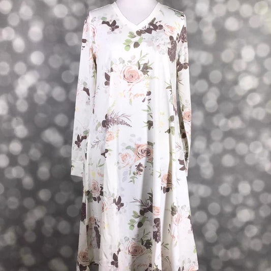 LuLaRoe Emily dress in ivory with soft blush, taupe, and sage floral design, romantic and feminine long sleeve silhouette