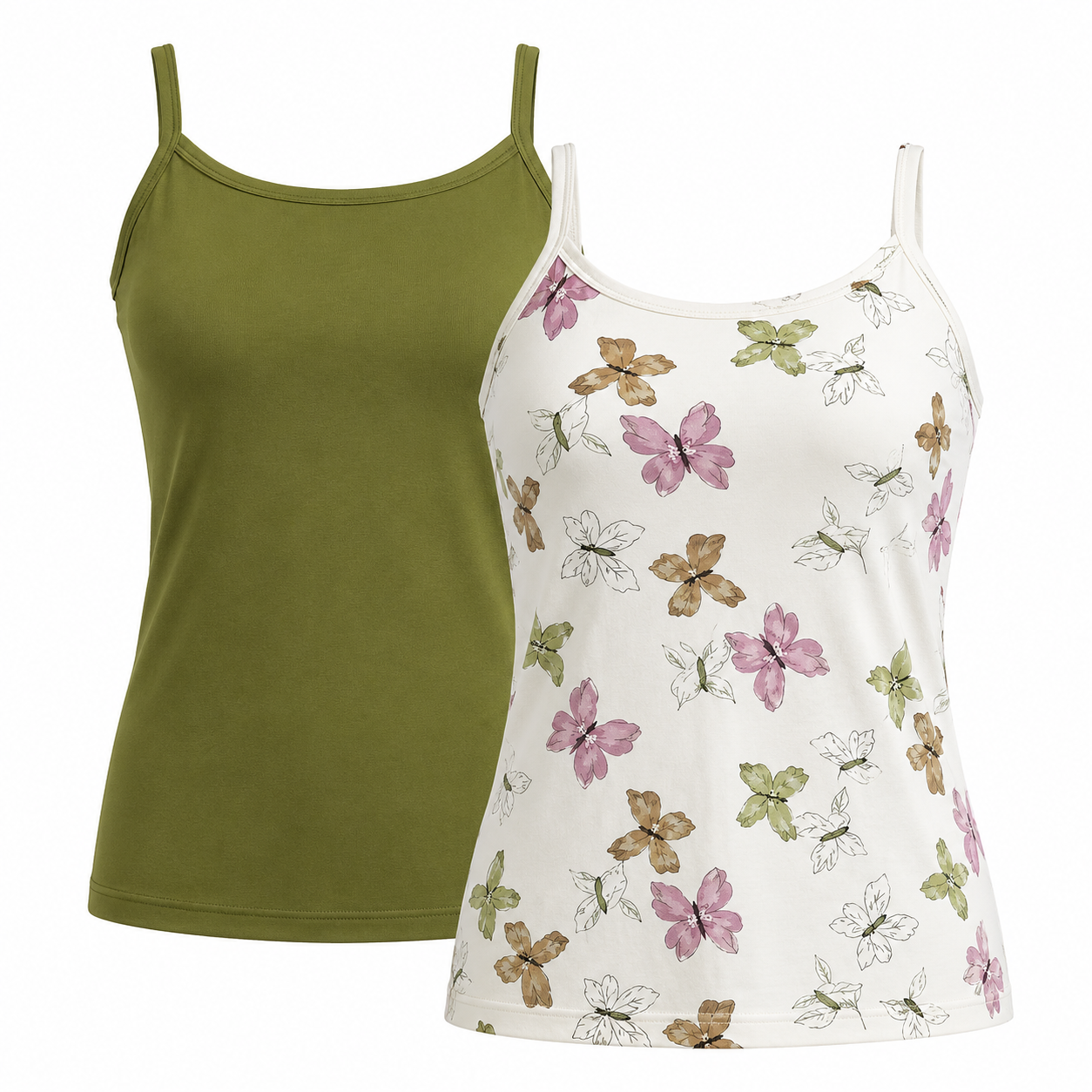 Two LuLaRoe Essential Camis displayed on a light gray background featuring one solid olive moss cami and one ivory cami with muted blush pink, sage green, tan, and ivory watercolor butterfly prints in a soft vintage-inspired pattern.