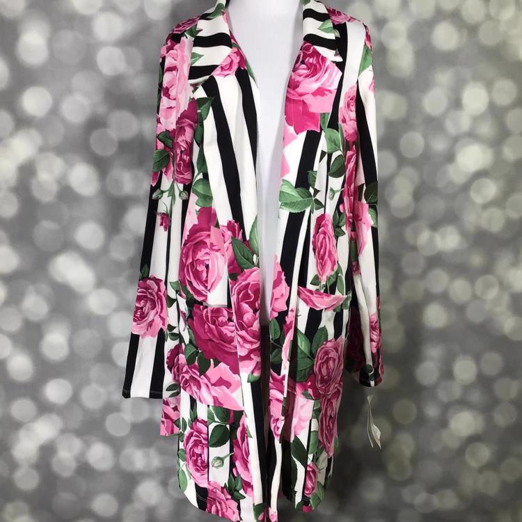 LuLaRoe Gwen Jacket with bold black and white stripes and pink rose floral print, longline open front layering jacket