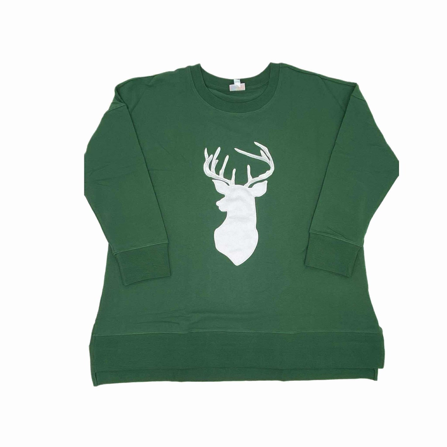 Green sweatshirt with a white deer silhouette on a white background