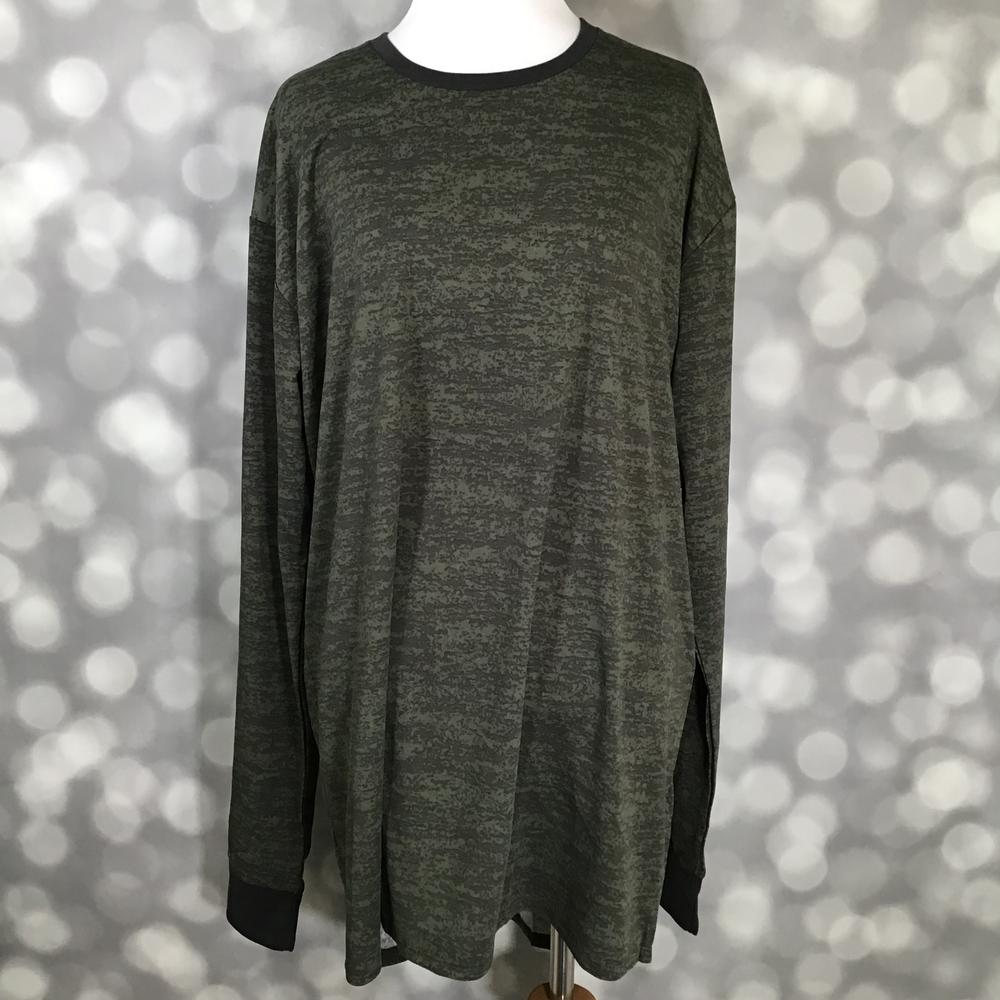 LuLaRoe Hudson Long Sleeve Tee in dark green with subtle camo print – unisex crew neck top