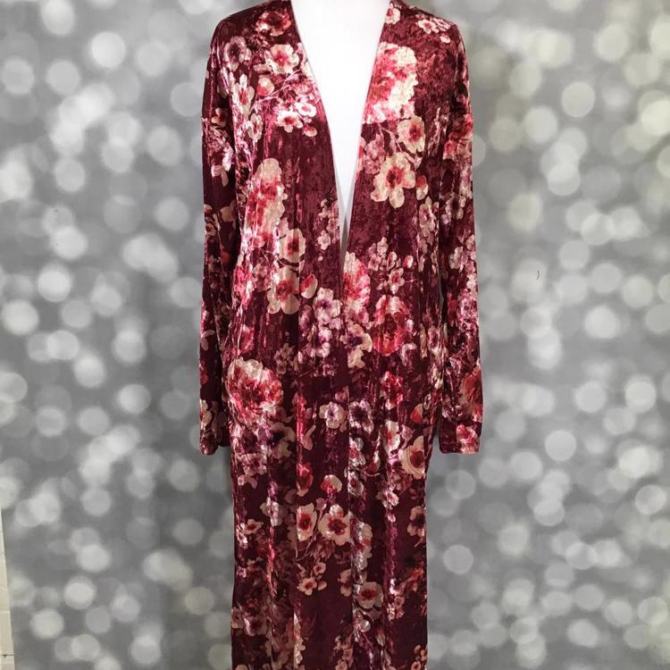 LuLaRoe Janet Cardigan in burgundy crushed velvet with floral print and long open-front design