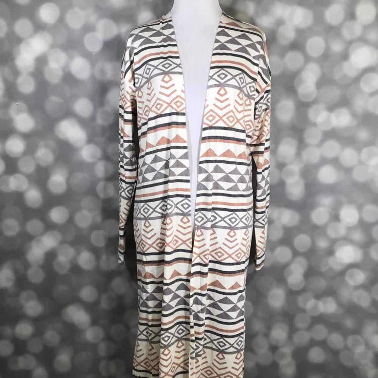 LuLaRoe Janet Cardigan with neutral tribal geometric print in tan and gray, longline layering cardigan