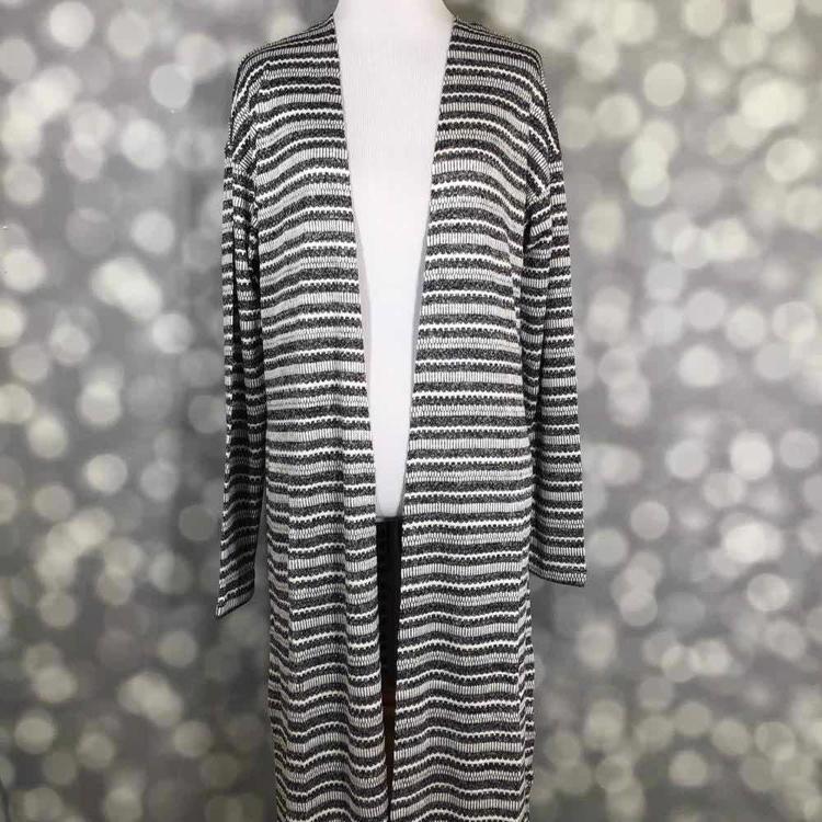 LuLaRoe Janet Cardigan with black and white horizontal stripe print, longline open-front layering cardigan