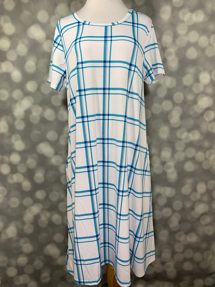 Front view of LuLaRoe Jessie dress on mannequin featuring white base with blue plaid grid pattern, short sleeves, and flowy swing fit against a blurred background