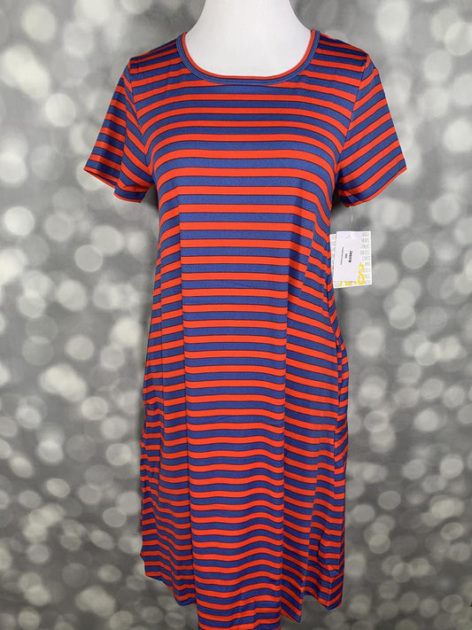Front view of LuLaRoe Jessie dress on mannequin featuring red and blue striped pattern, short sleeves, and flowy swing fit against a gray background