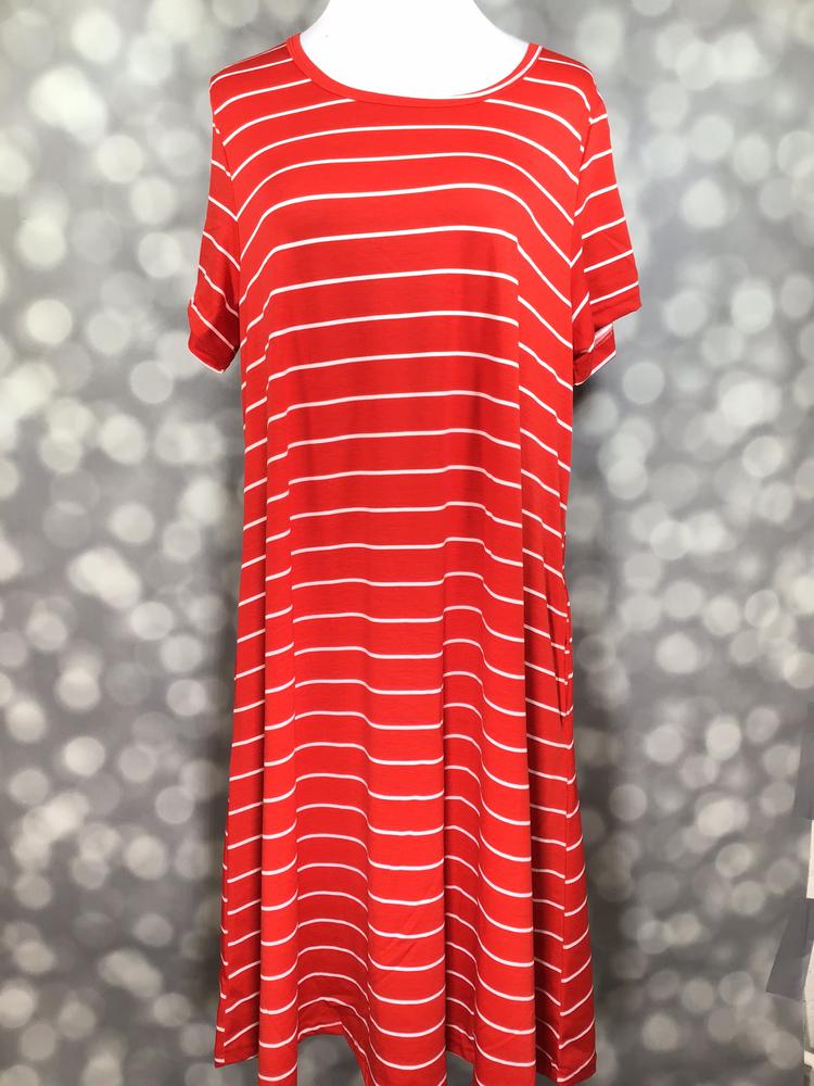 Front view of LuLaRoe Jessie dress on mannequin featuring red base with white stripe pattern, short sleeves, and flowy swing fit against a blurred gray background