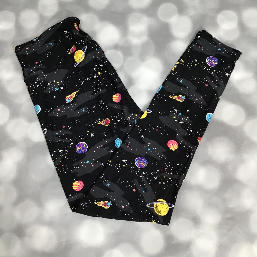 LuLaRoe leggings in black with colorful galaxy print featuring planets, stars, and comets