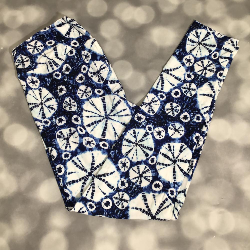 LuLaRoe leggings in indigo tie-dye with white sand dollar print, buttery-soft fabric