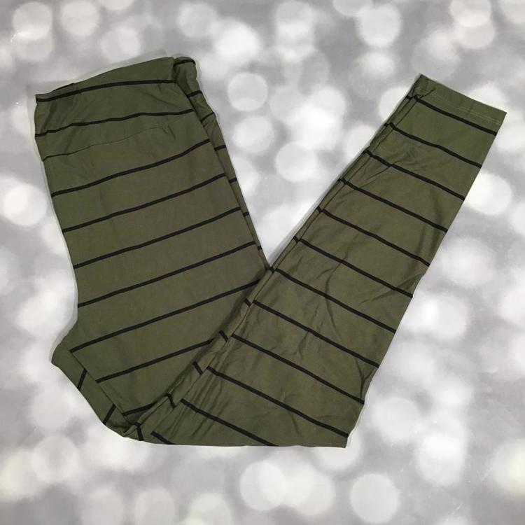LuLaRoe leggings in olive green with black horizontal stripe pattern – buttery-soft