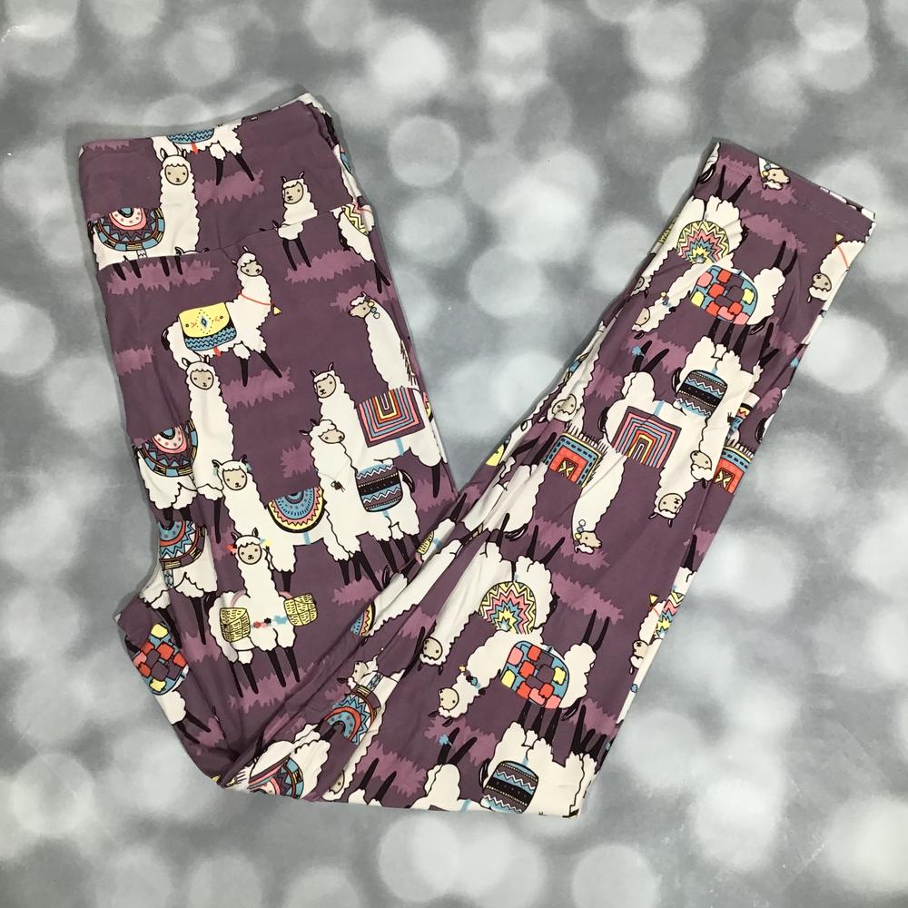 LuLaRoe leggings in purple with whimsical llama print and colorful blanket accents – buttery-soft and comfy