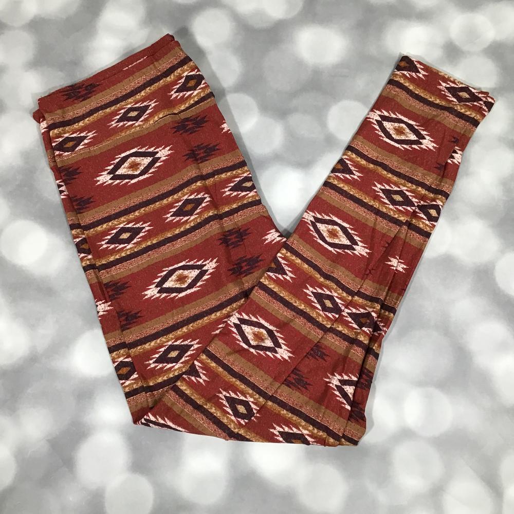 LuLaRoe leggings in rust with Southwest diamond stripe pattern