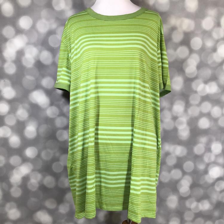 LuLaRoe Liv Tee in green and light green stripes with crew neckline and short sleeves