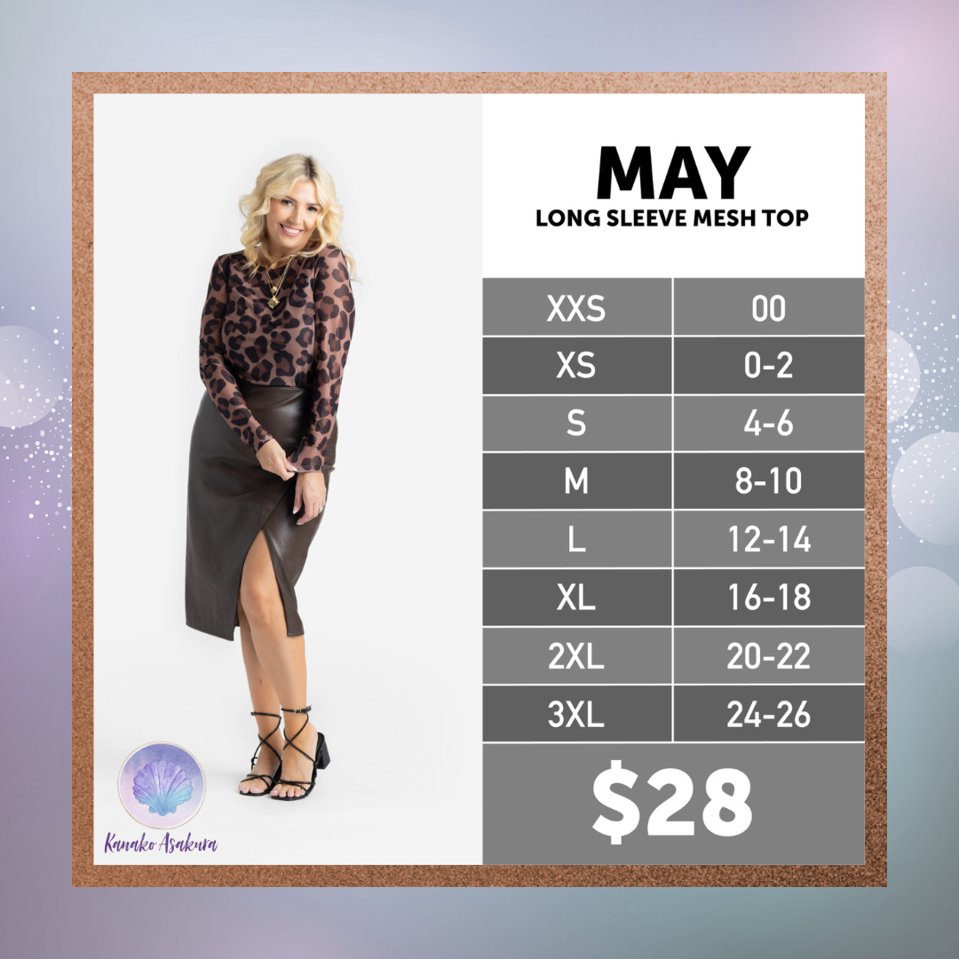 LuLaRoe May Long Sleeve Mesh Top size chart with model wearing a sheer leopard print mesh top and dark brown faux leather skirt. Chart lists sizes XXS (00), XS (0–2), S (4–6), M (8–10), L (12–14), XL (16–18), 2XL (20–22), 3XL (24–26). Price shown: $28.