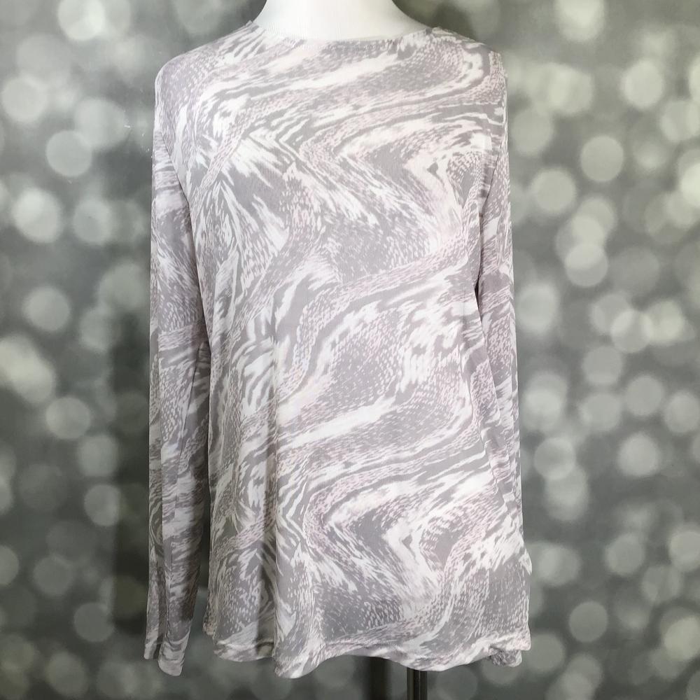 LuLaRoe May Top in gray and white marble print, sheer long sleeve mesh layering blouse