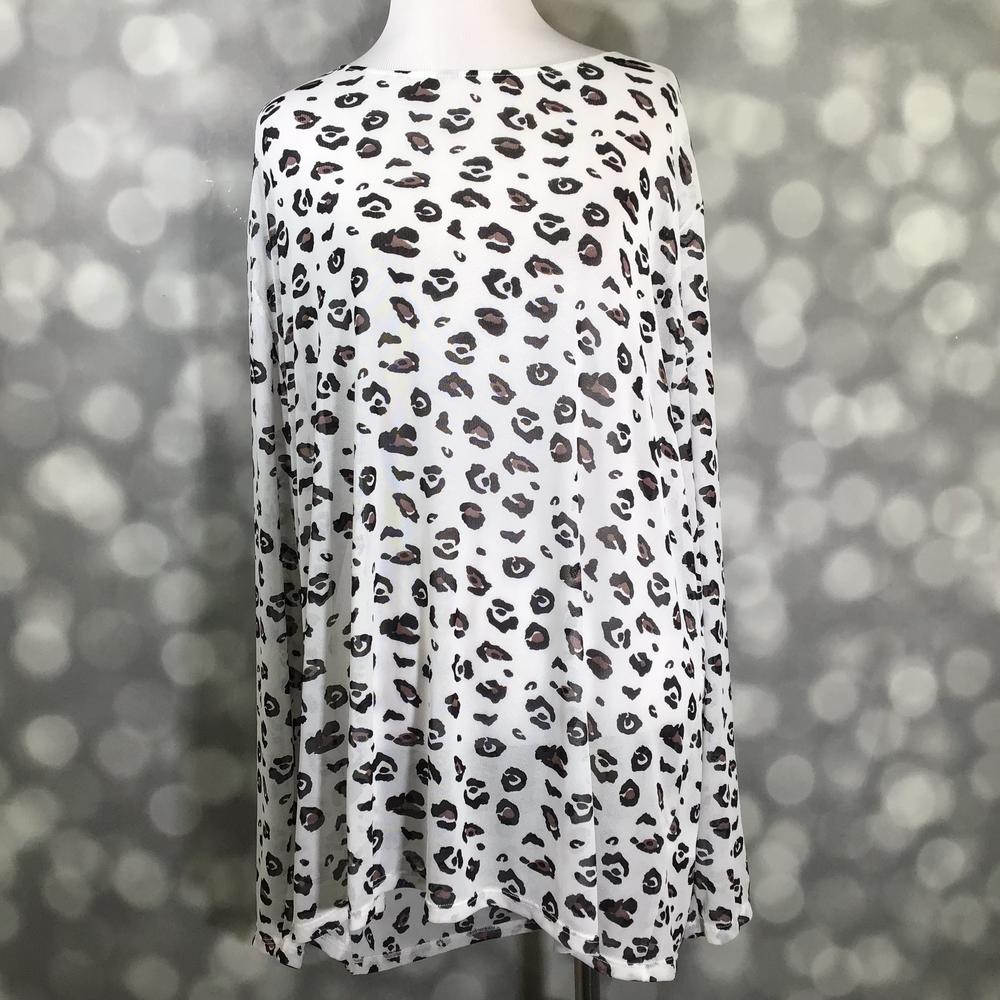 LuLaRoe May Top in sheer white with black and brown leopard print, lightweight long sleeve layering blouse