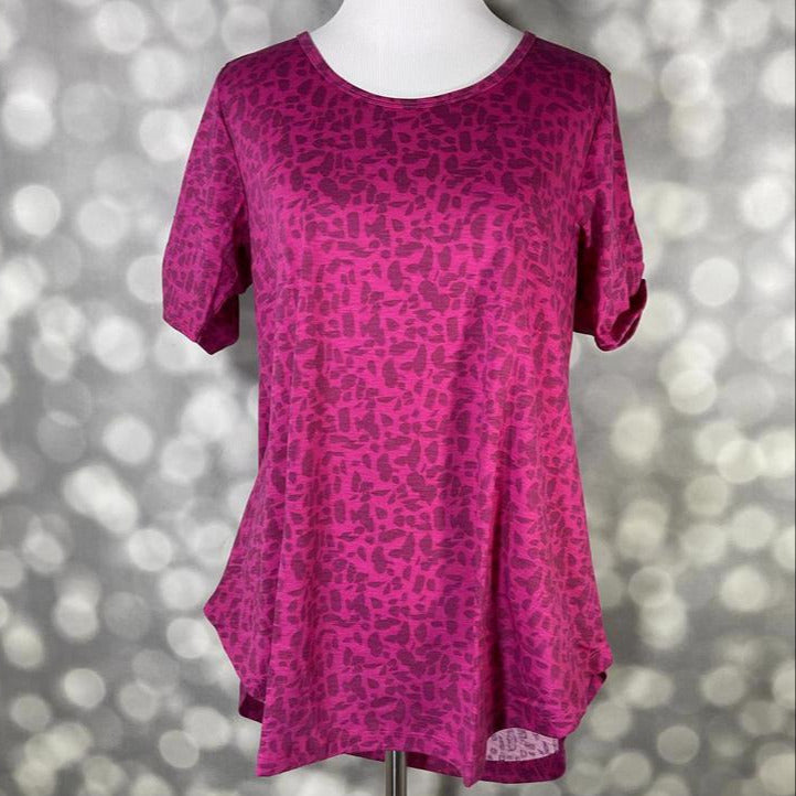 LuLaRoe Morgan top in magenta with tonal leopard print pattern, called Wildberry Shadow