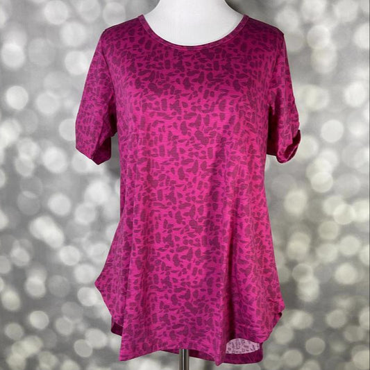 LuLaRoe Morgan top in magenta with tonal leopard print pattern, called Wildberry Shadow