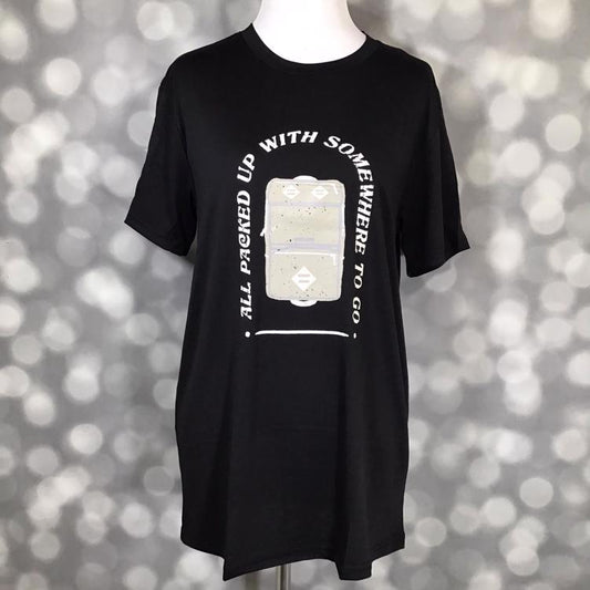 LuLaRoe Rocker T in black featuring “All Packed Up with Somewhere to Go” suitcase graphic from the Great Outdoors Collection.