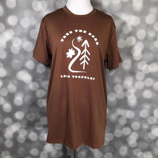 LuLaRoe Rocker T in brown with “Take the Road Less Traveled” nature graphic from the Great Outdoors Collection.
