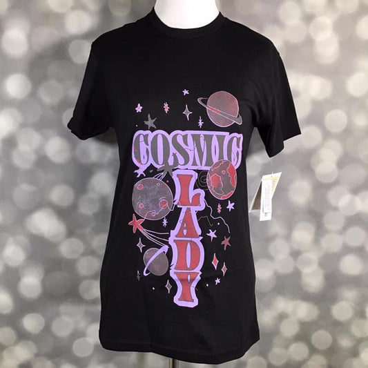 LuLaRoe Rocker T in black featuring “Cosmic Lady” graphic with retro planets and celestial space print.