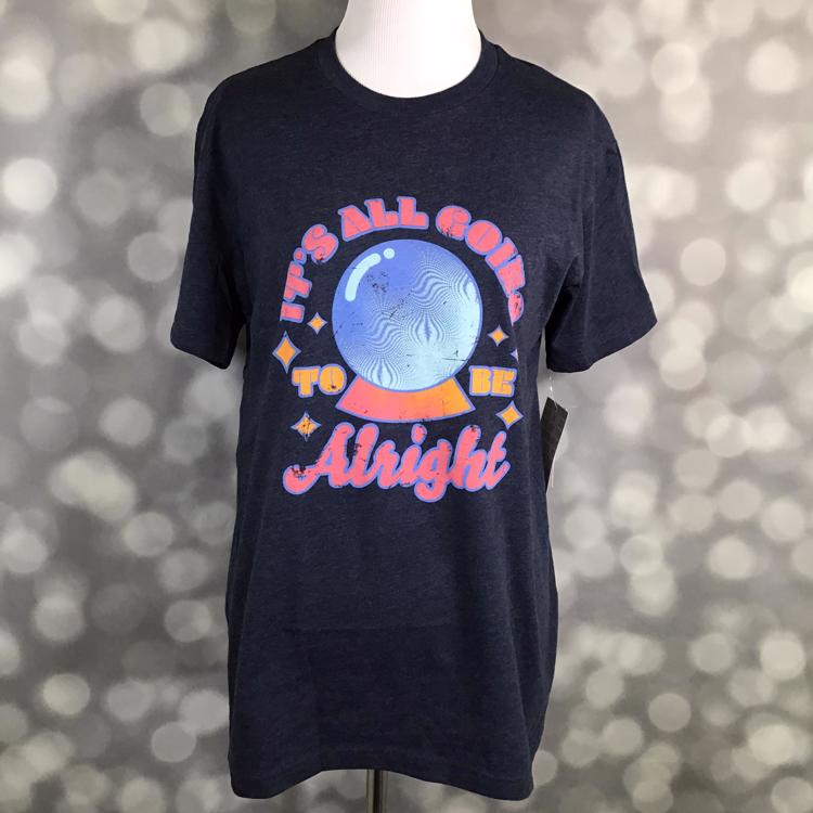 LuLaRoe Rocker T in navy with retro “It’s All Going to Be Alright” crystal ball graphic and vintage lettering