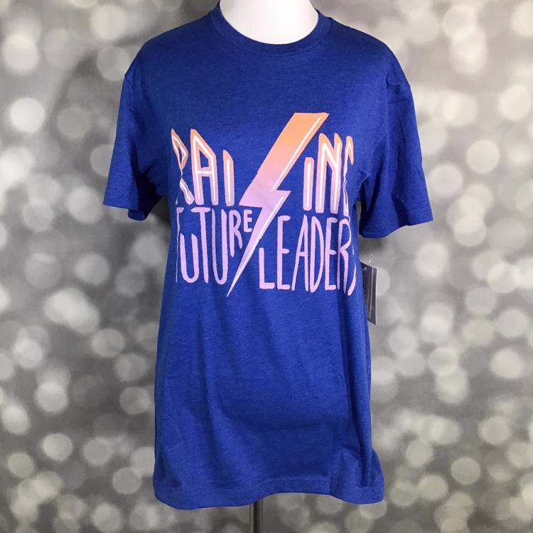 LuLaRoe Rocker T in blue with “Raising Future Leaders” text and lightning bolt graphic, vintage-inspired crewneck tee.