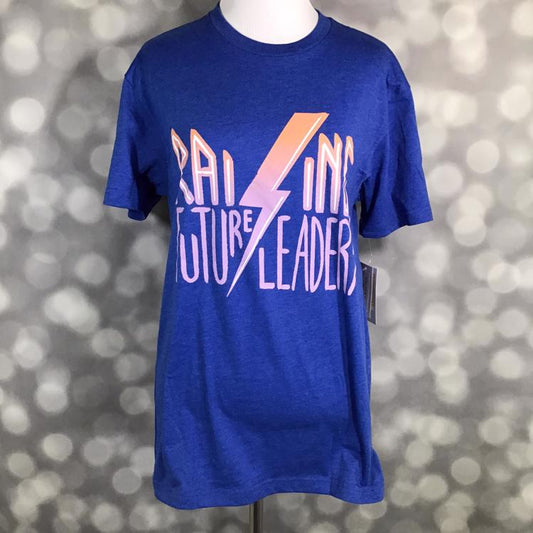 LuLaRoe Rocker T in blue with “Raising Future Leaders” text and lightning bolt graphic, vintage-inspired crewneck tee.
