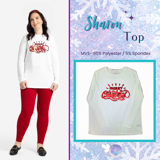 Flat lay of the LuLaRoe Sharon Top in white with bold red glitter-style Merry Christmas script graphic, long sleeve tunic-style holiday shirt on white background. Additional image shows a model wearing the same top with red leggings for a festive outfit.