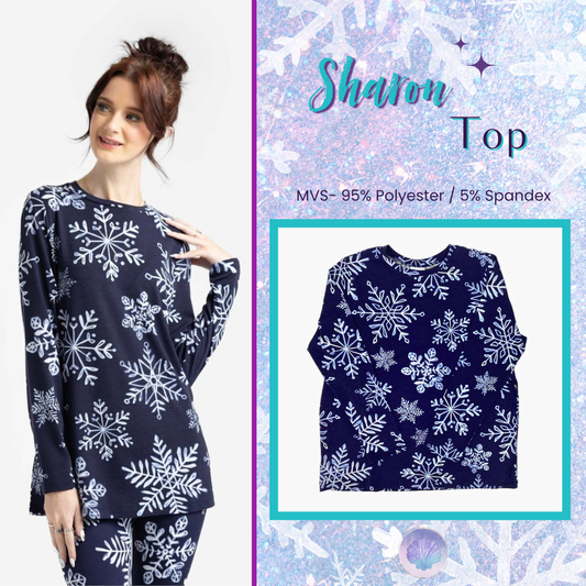 Flat lay of navy LuLaRoe Sharon Top featuring an allover white snowflake pattern. Additional image shows a model wearing the snowflake Sharon Top with matching leggings for a cozy winter look.