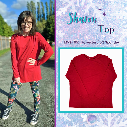 Flat lay of solid Merry Red LuLaRoe Sharon Top with long sleeves on a white background. Additional image shows a model wearing the red Sharon Top styled with printed leggings outdoors.