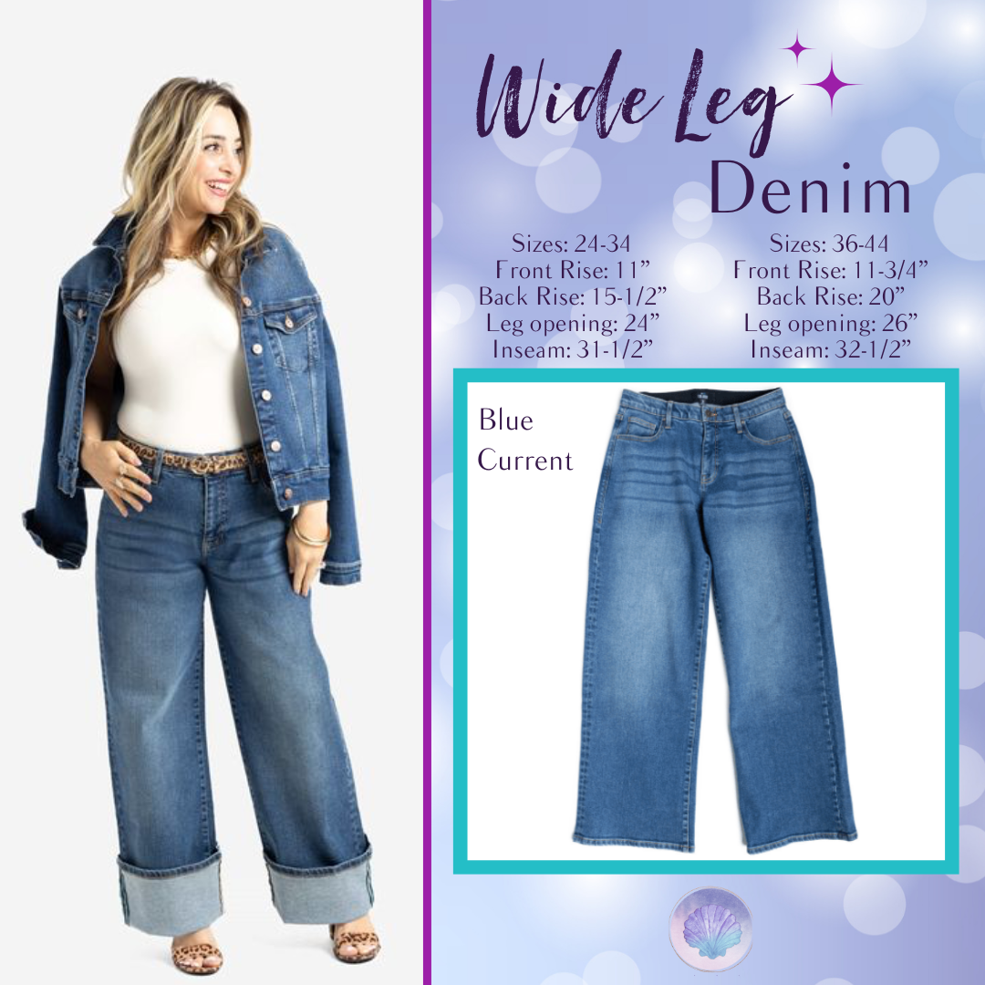 LuLaRoe Wide Leg Denim in Blue Current wash” | Front view of LuLaRoe Wide Leg Denim jeans in Blue Current medium blue wash with wide leg silhouette and cuffed hem styling