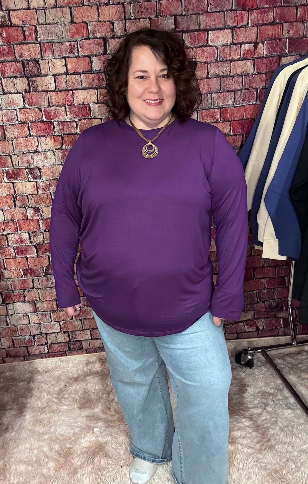 LuLaRoe Sharon Long Sleeve Top - Solid Rich Purple - styled outfit photo