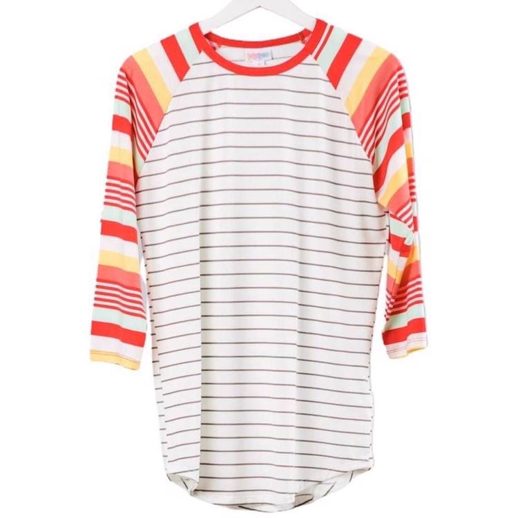 Front view of LuLaRoe Randy T hanging on a hanger, featuring white body with thin black stripes and contrasting raglan sleeves in bold sunset multicolor stripes