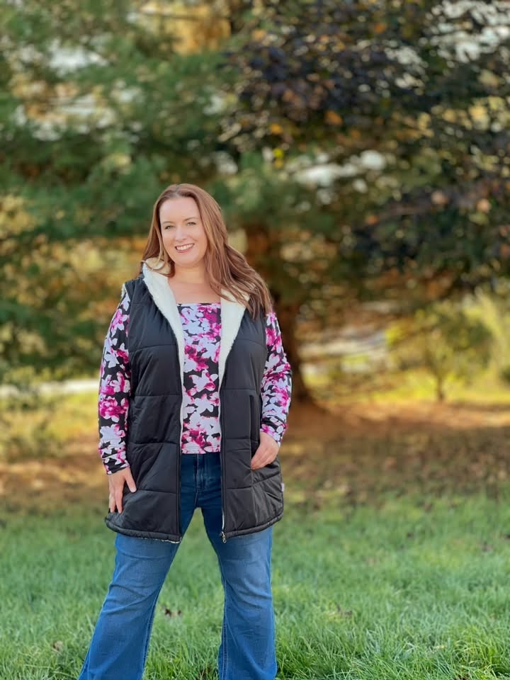 LuLaRoe Alta Reversible Long Vest Solid Black, lifestyle and detail photo 10