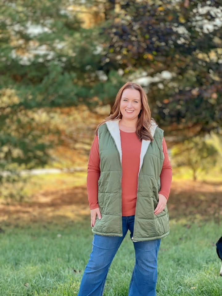 LuLaRoe Alta Reversible Long Vest Solid Muted Olive Green, lifestyle and detail photo 8
