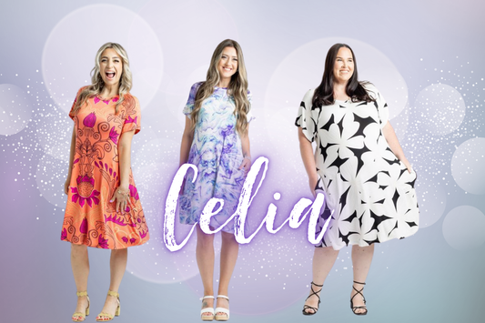Three women wearing different styles of the LuLaRoe Celia dress, showcasing vibrant patterns and comfortable fit, perfect for everyday wear. LuLaRoe Celia dress.