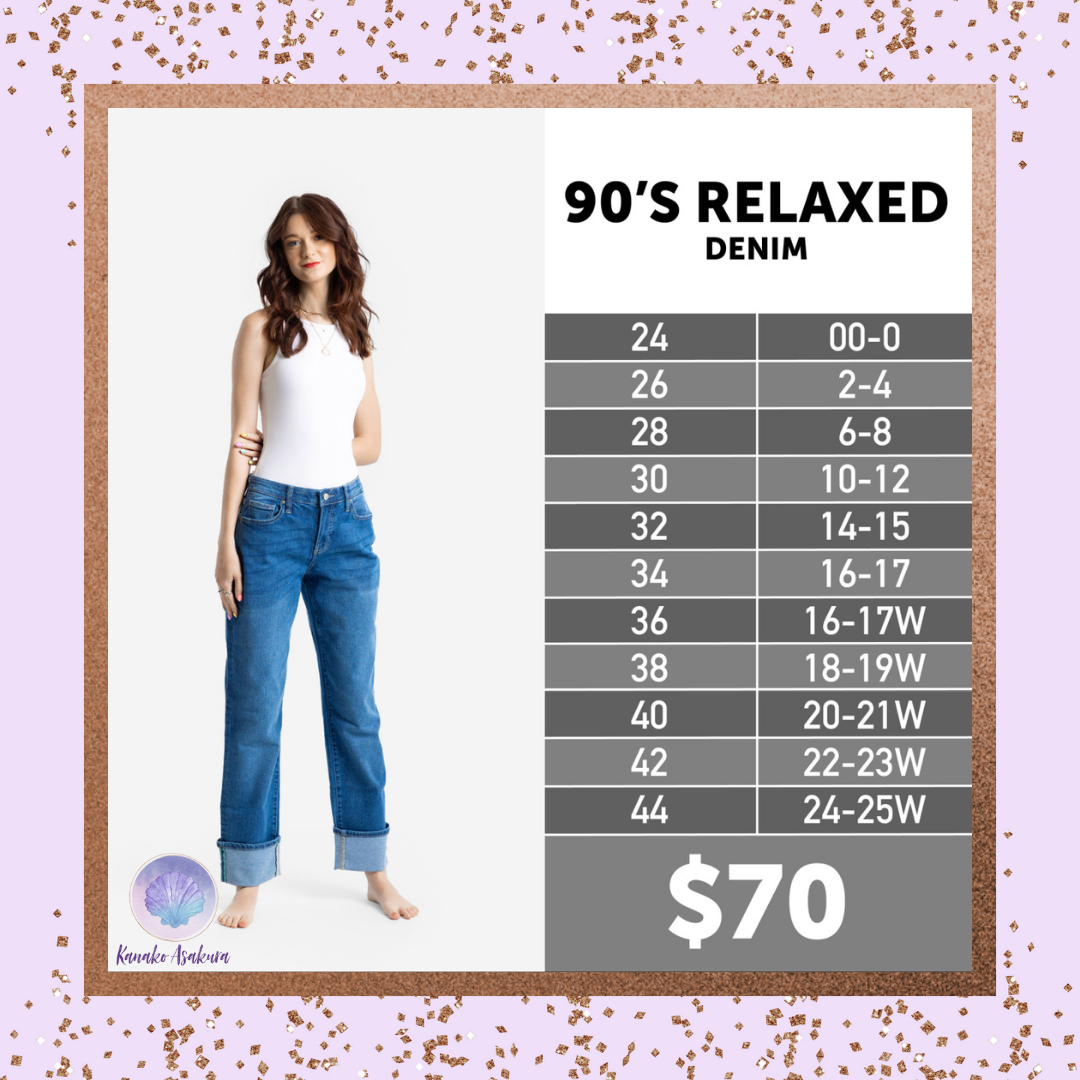A smiling woman in a white tank top and cuffed blue jeans stands next to a size chart for 90s Relaxed Denim, with sizes 24–44, conversion chart, and price $70 on a glittery pink border.