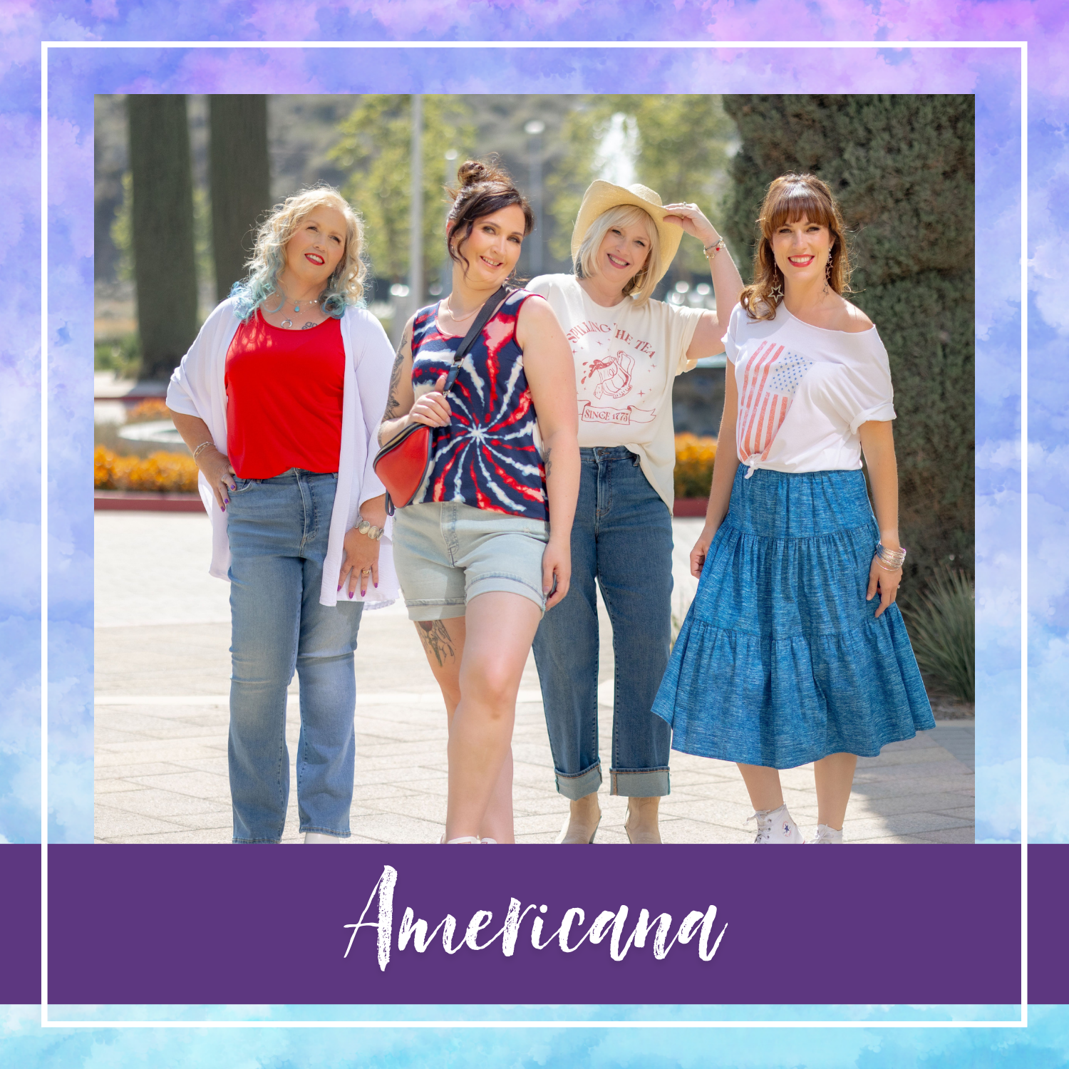 Four women wearing LuLaRoe Dixie Tank and Sequoia T tops from the Americana 25 Capsule Collection, styled in red, white, and blue for summer