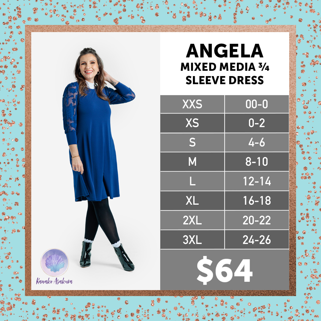 A smiling woman wearing a blue ¾ sleeve dress with lace sleeves and black leggings stands next to a size chart and price, all on a blue-and-gold glitter border background. The dress costs $64.