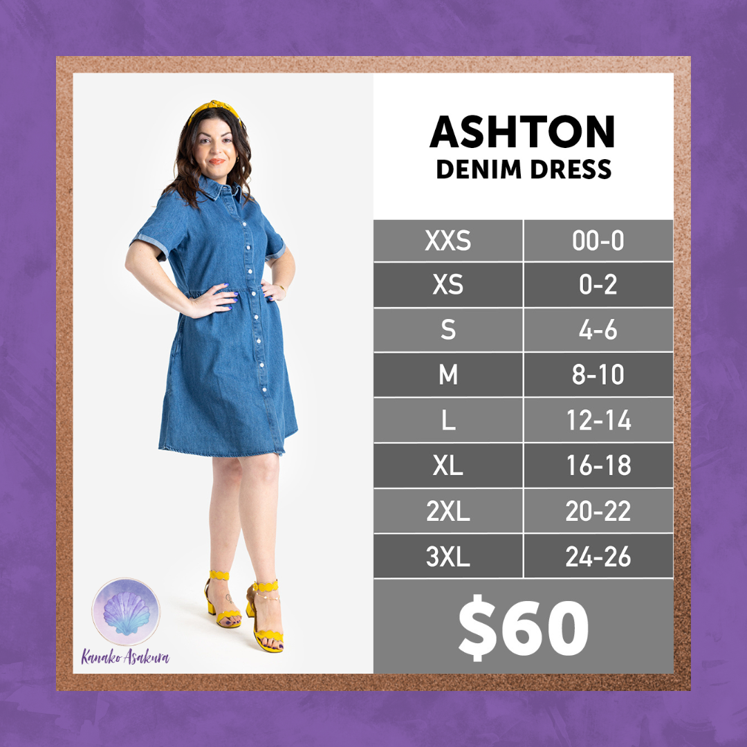 A smiling woman in a short-sleeve denim dress stands by a size chart for the Ashton Denim Dress (sizes XXS–3XL). Price is $60. Background is purple with a logo in the lower left corner.