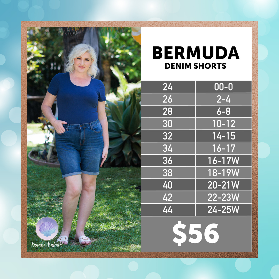 A woman with short blonde hair in a blue shirt and denim shorts stands on grass. A size chart and price for Bermuda denim shorts ($56) are displayed on the right side over a blue bokeh background.