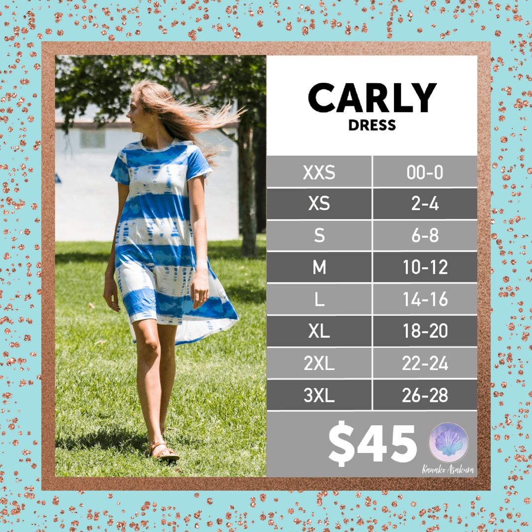 A woman in a blue and white tie-dye Carly dress walks on grass; next to her is a size chart (XXS–3XL with sizes 00–28) and price ($45) on a teal background with a glittery frame.