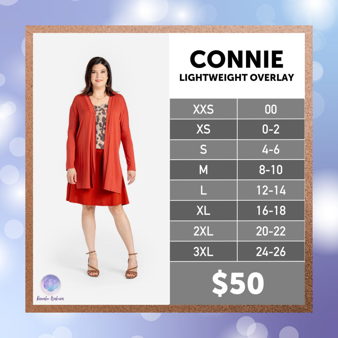 LuLaRoe Connie Overlay displayed on a model, showcasing its lightweight design and flattering fit. Available in various sizes from XXS to 3XL, perfect for layering in any season.