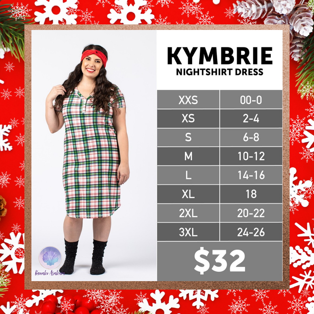 A smiling woman in a red headband and plaid nightshirt dress stands beside a size chart for the KYMBRIE nightshirt dress (XXS–3XL), priced at $32, on a red holiday-themed background with pinecones and ornaments.